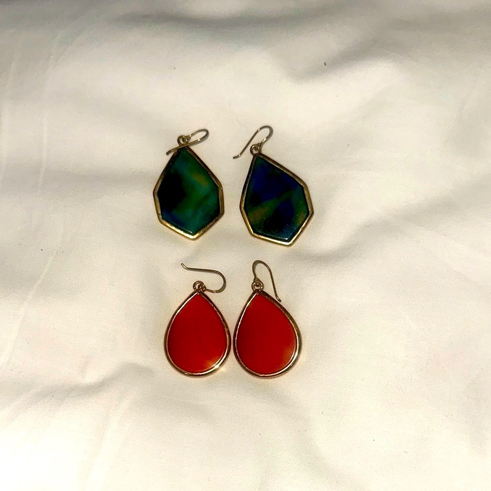 Set of 2 Designer Earrings Orange Carnelian and Blue Green Agate w Gold Frame